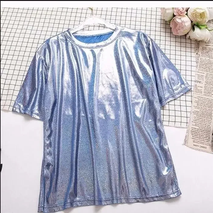 Valenzora | S 5XL Women's Sparkling Shiny Metallic Holographic Round Neck Short Sleeve Casual Loose Top Festival Party T-Shirt Women's Clothing