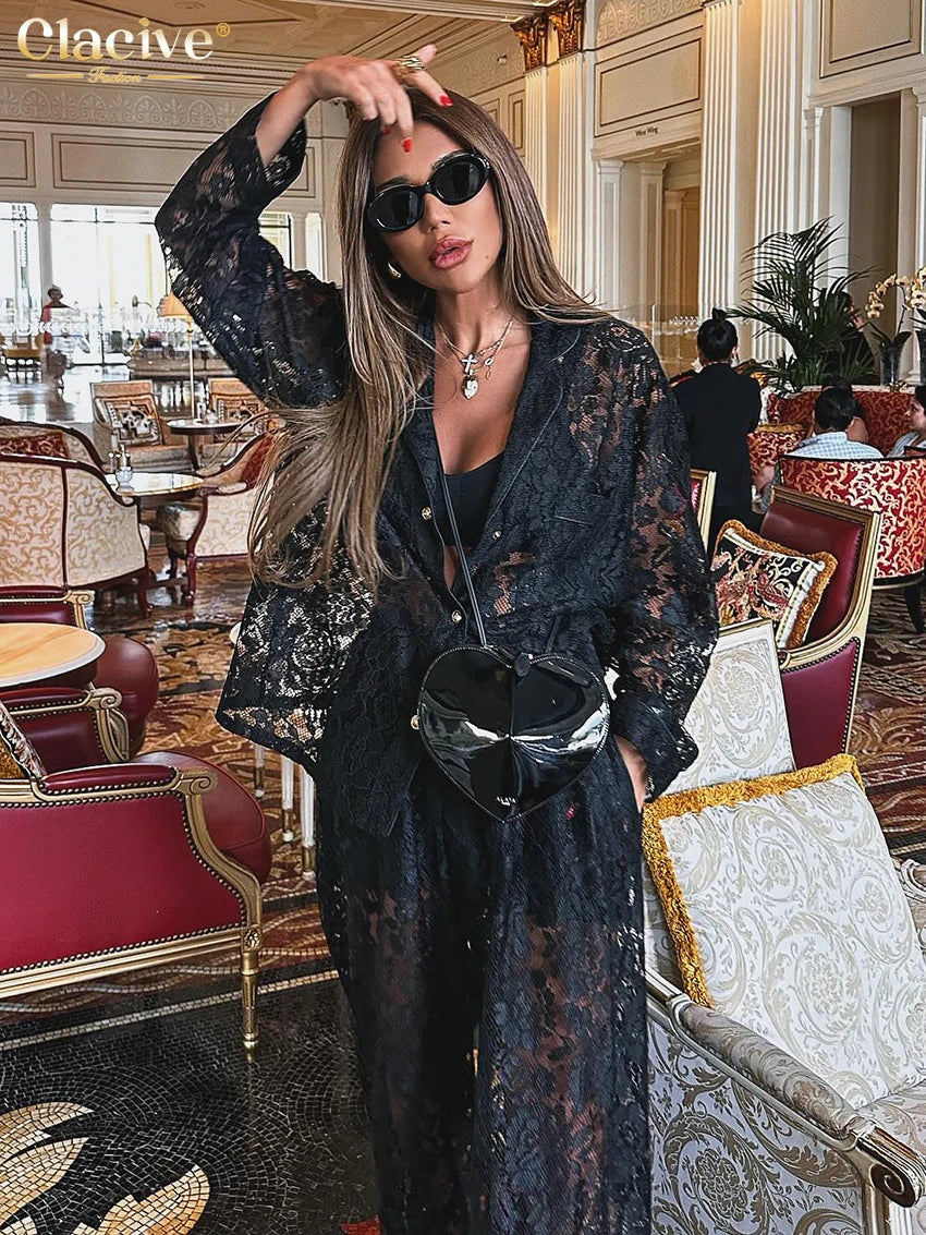 Valenzora | Clacive Sexy Loose Black Lace Transparentes Hosen-Set Damen 2-teiliges modisches Langarmshirt mit High-Waist-Hose im weiten Schnitt Set