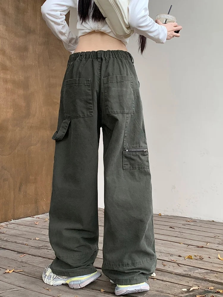 Valenzora | Y2K Streetwear Vintage Green Baggy Jeans Cargo-Hose für Damen Designer-Bekleidung Weite Beine Lässige Damenhose
