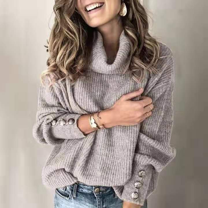 Valenzora Damen-Pullover | Gestrickter Rollkragenpullover mit Knopfdesign für locker sitzende Oberteile