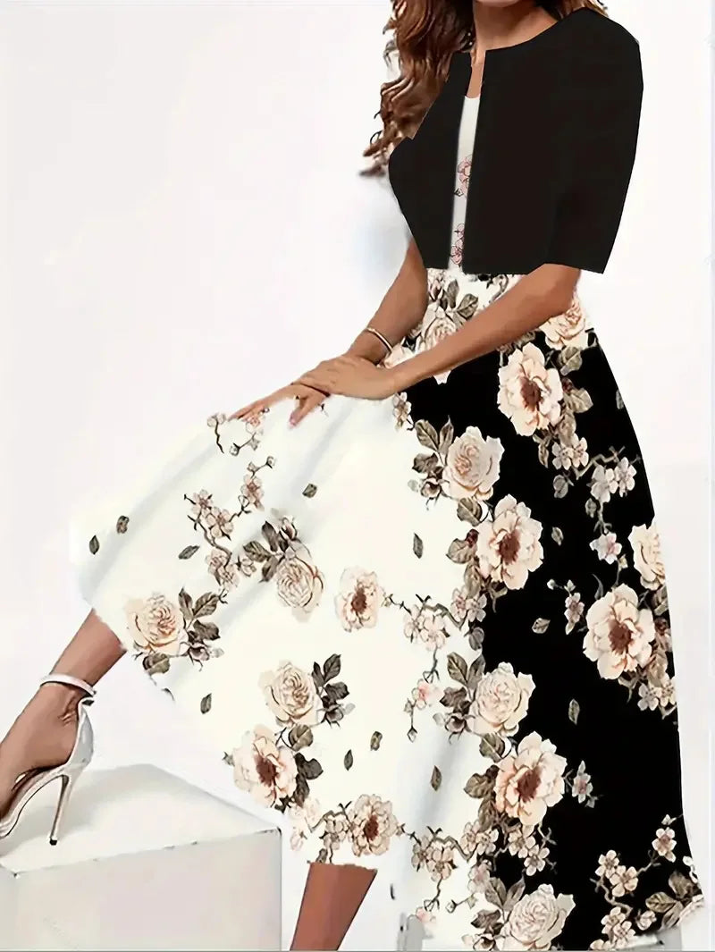 Valenzora | Neu für den Sommer! EU US Herbst Damen 2-teiliges langes Kleid Set Blumen- und Graspunkt Rundhalskleid mit Chiffon Kurzjacke