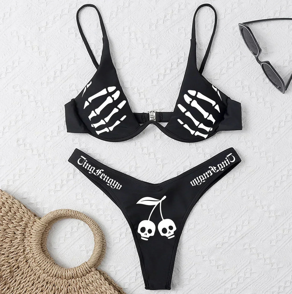 Valenzora | Sexy Goth Bikini Women's Letter Skull Print Swimsuit Split Swimsuit High Waist Gothic Bikini Set Beach Outfits