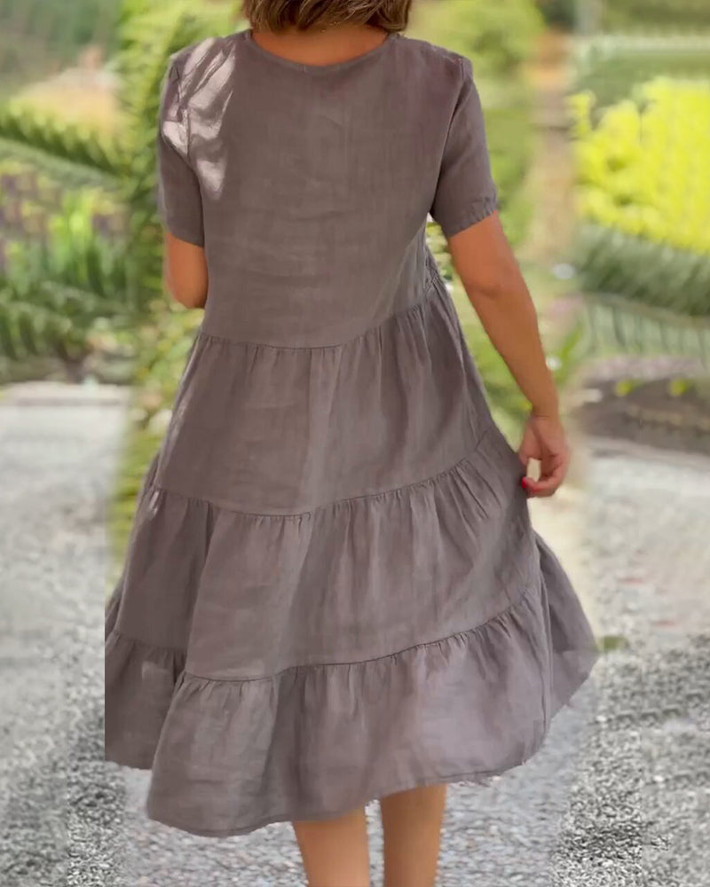 Valenzora | Plain cotton-linen dress with V-neck