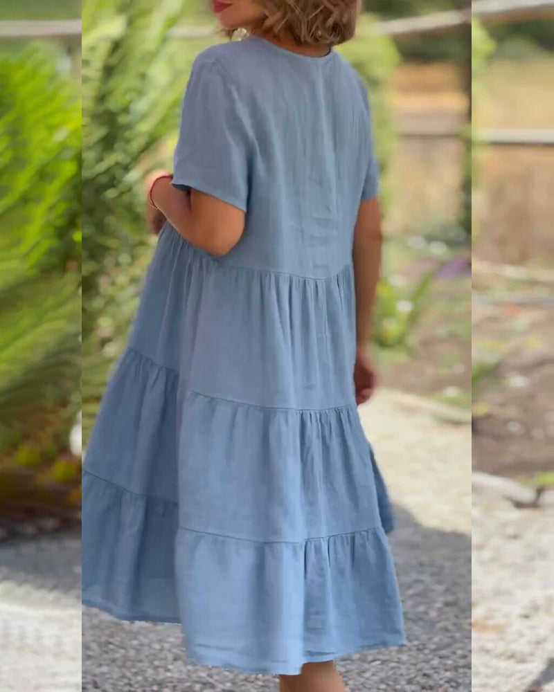 Valenzora | Plain cotton-linen dress with V-neck