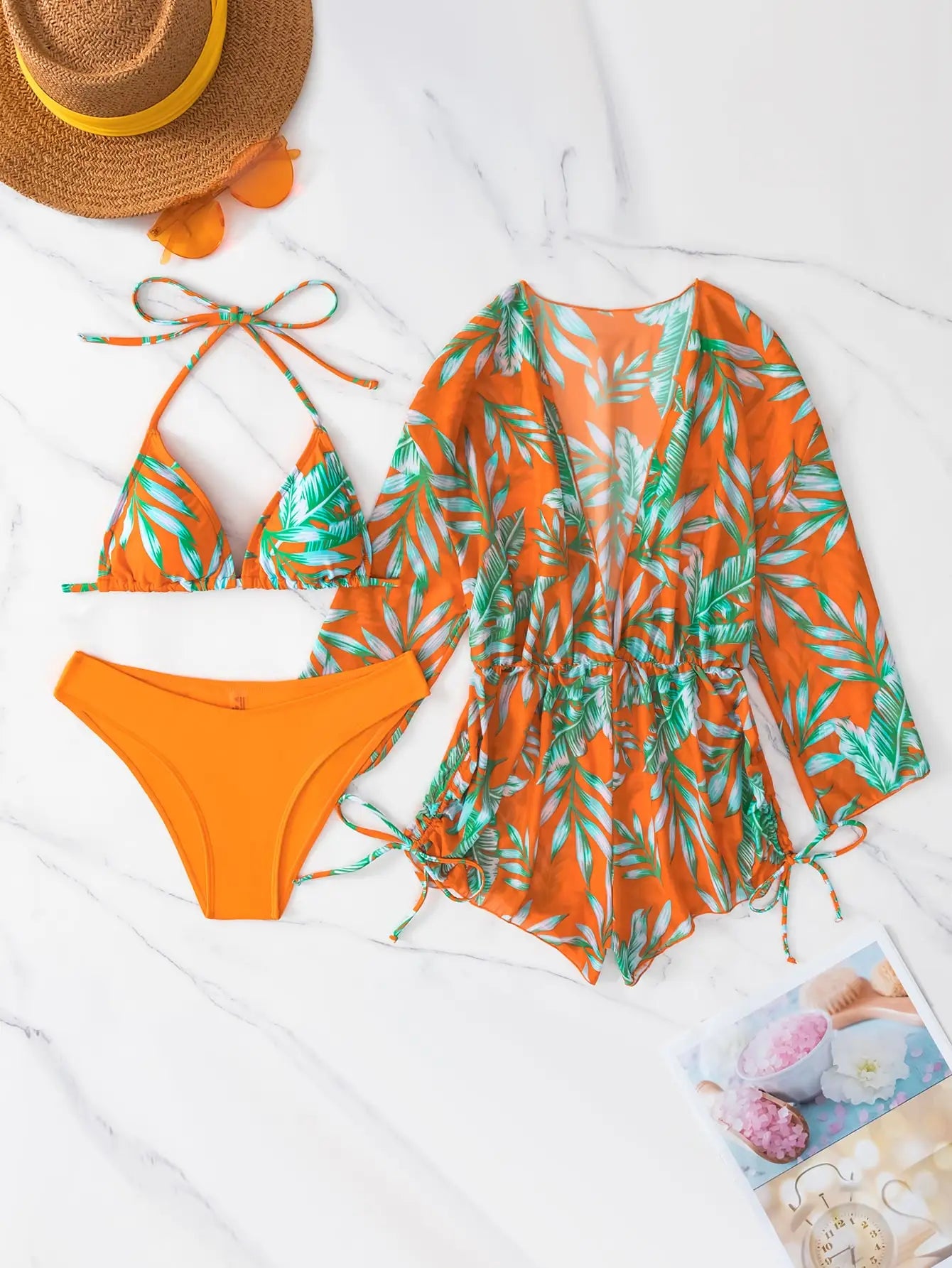 Valenzora | 3-teiliger Bikini mit tropischem Print, Neckholder, seitlicher Schnürung, Damen-Badeanzug, weibliche Bademode, Sommer-Strandbekleidung