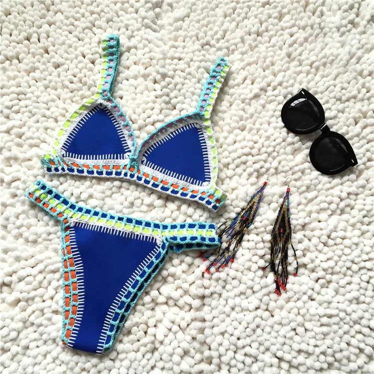 Valenzora | Gestrickter 2-teiliger Bikini-Badeanzug für Damen, Sommer Strandurlaub Bademode, Sexy Triangel-Cup V-Ausschnitt Träger Bademode