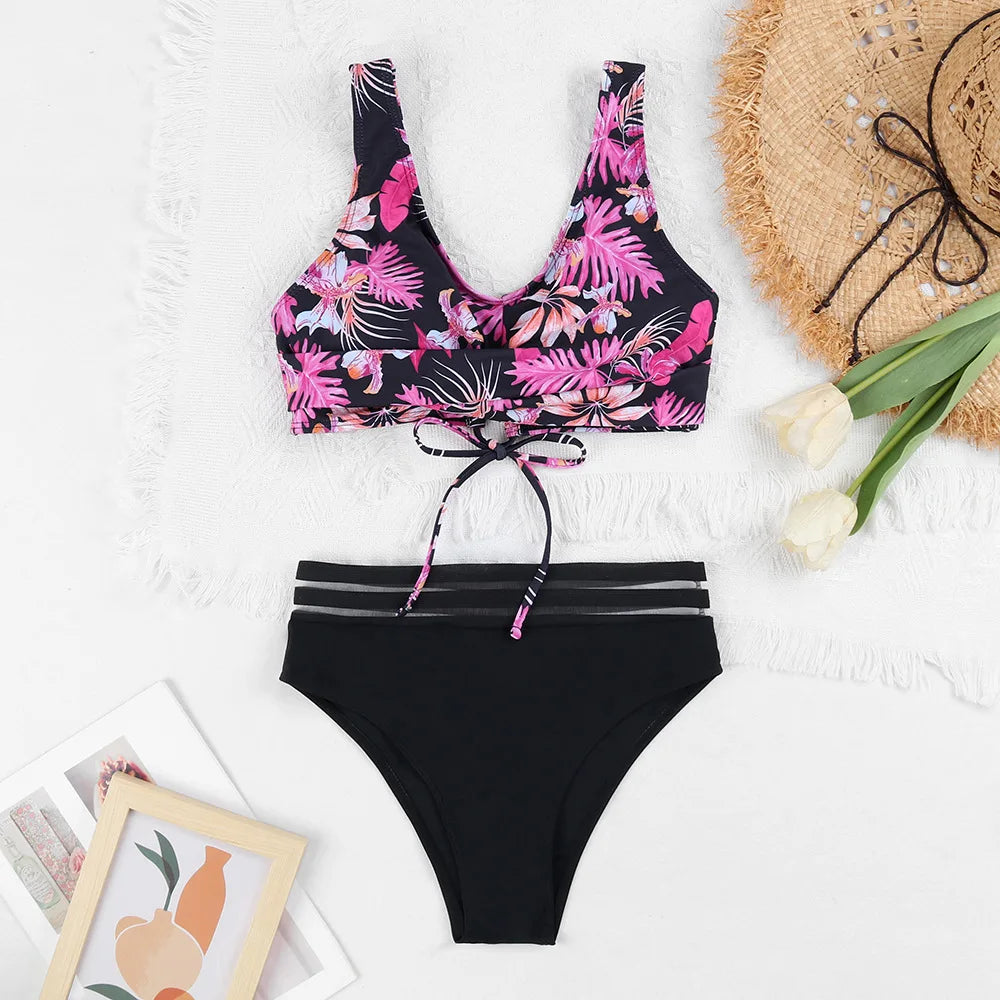 Valenzora | Schnür-High-Waist-Bikini Damen Bademode Damen Badeanzug Gepolstert Push-Up Floral Badeanzug Damen Bikini-Set