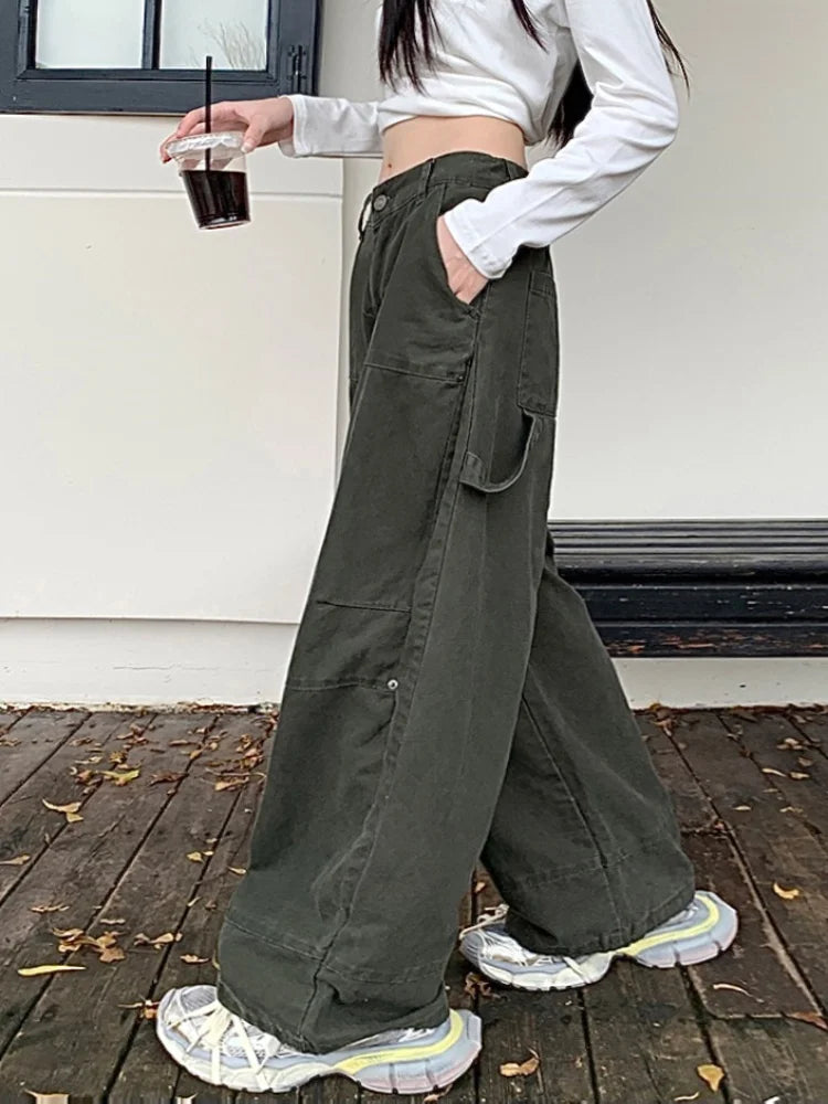 Valenzora | Y2K Streetwear Vintage Green Baggy Jeans Cargo-Hose für Damen Designer-Bekleidung Weite Beine Lässige Damenhose