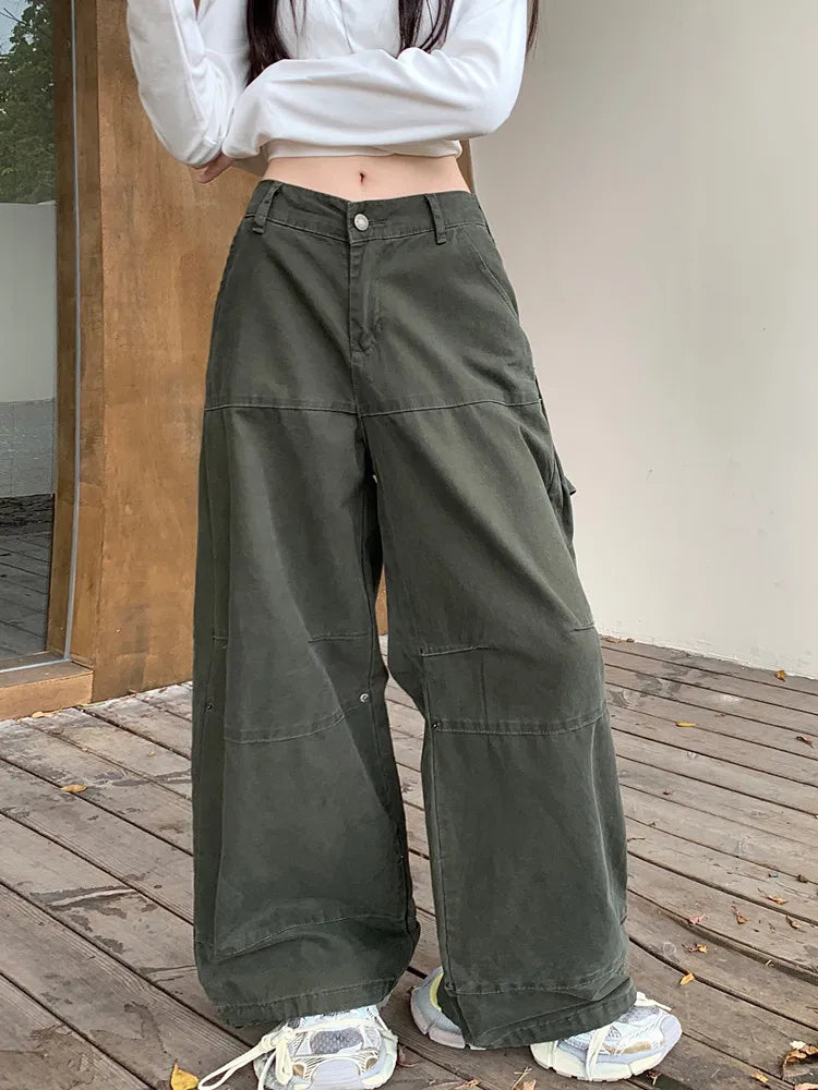 Valenzora | Y2K Streetwear Vintage Green Baggy Jeans Cargo-Hose für Damen Designer-Bekleidung Weite Beine Lässige Damenhose