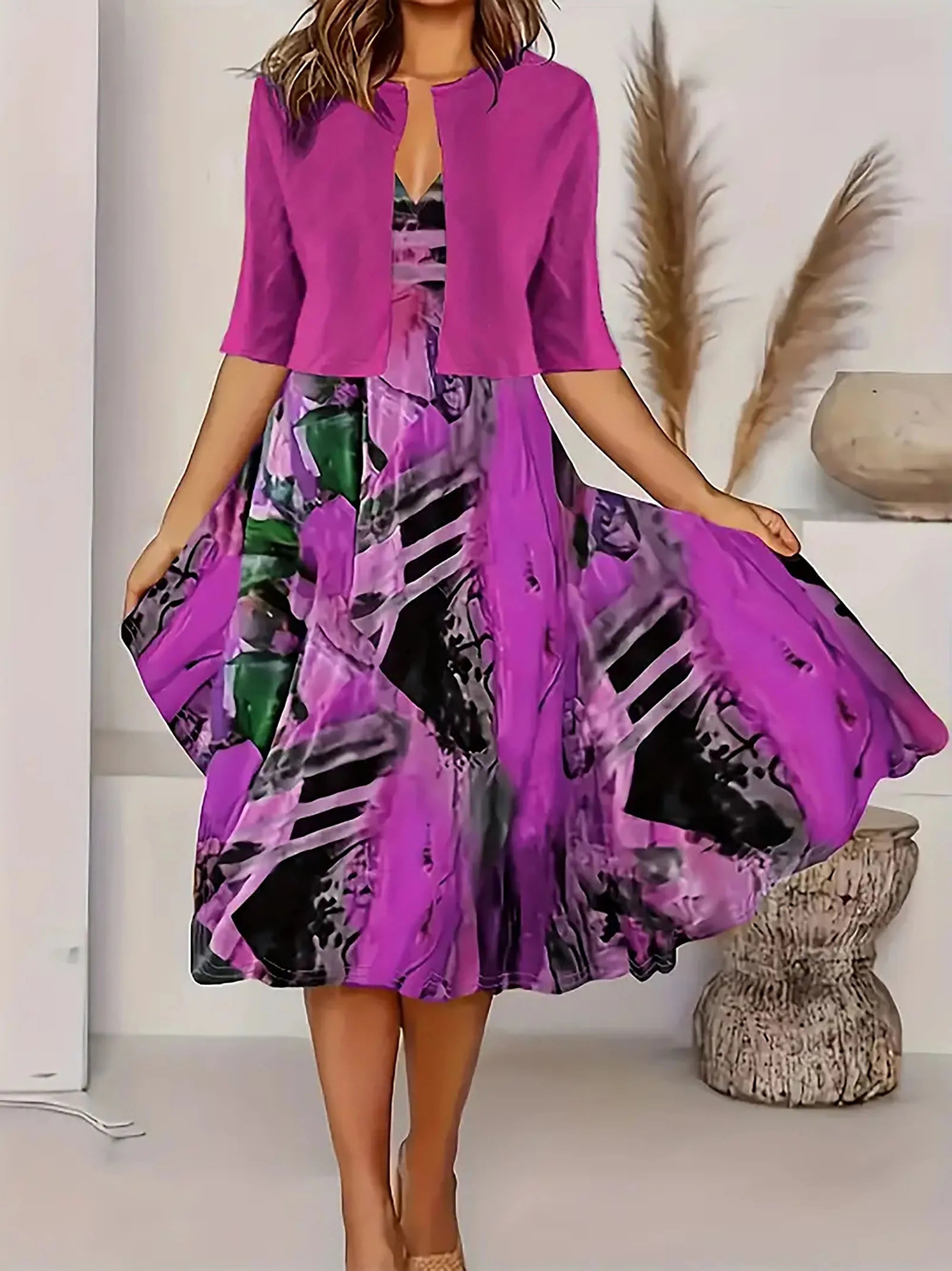 Valenzora | Neu für den Sommer! EU US Herbst Damen 2-teiliges langes Kleid Set Blumen- und Graspunkt Rundhalskleid mit Chiffon Kurzjacke