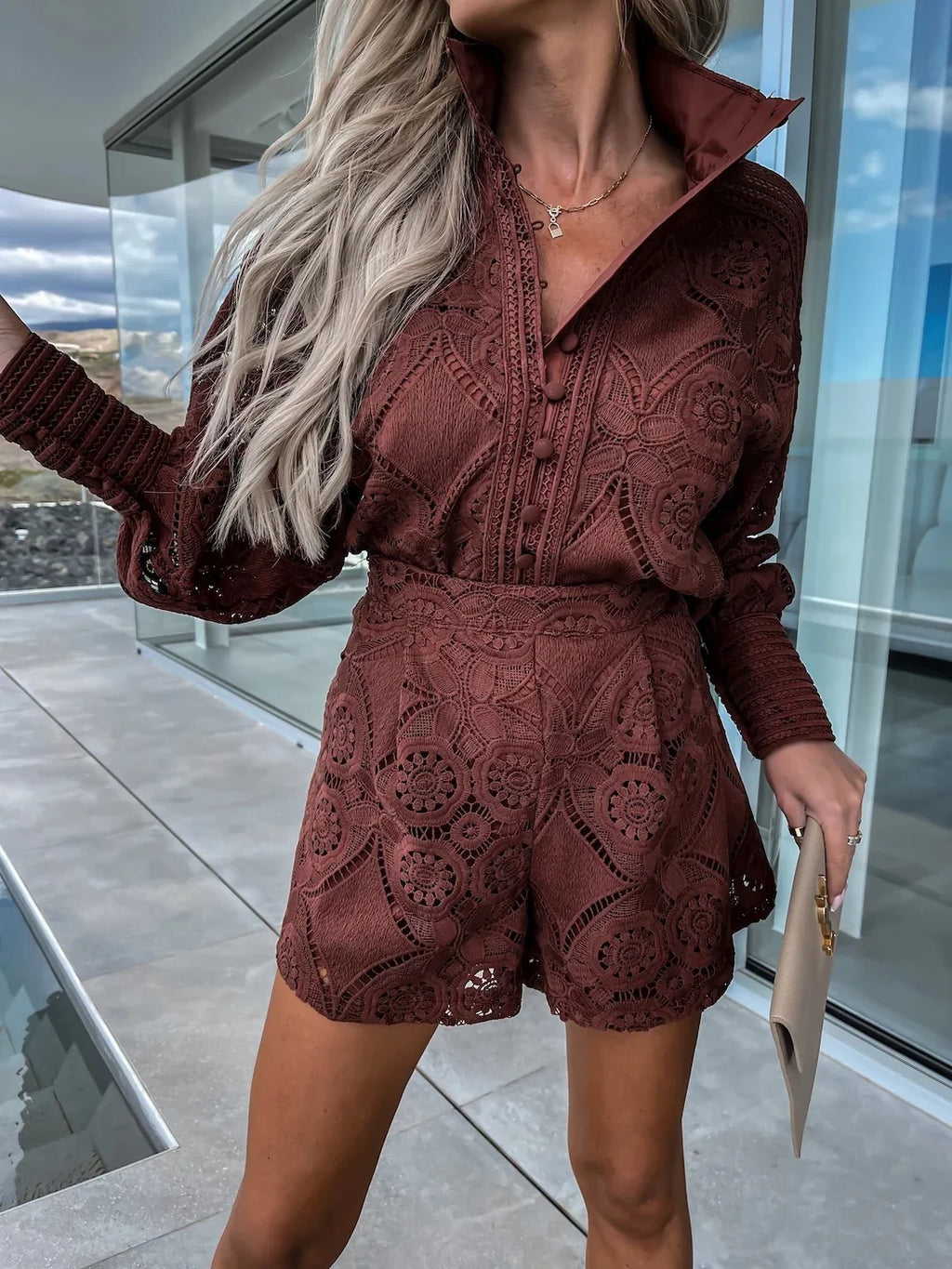 Valenzora | Foridol Vintage Einreihiger Weißer Spitzen-Damen-Shorts-Set Frühling Langarm Lässige Party 2-Teilige Outfits Damenanzug Sommer