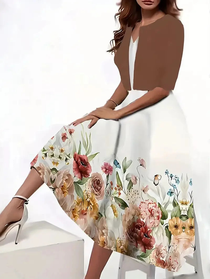 Valenzora | Neu für den Sommer! EU US Herbst Damen 2-teiliges langes Kleid Set Blumen- und Graspunkt Rundhalskleid mit Chiffon Kurzjacke
