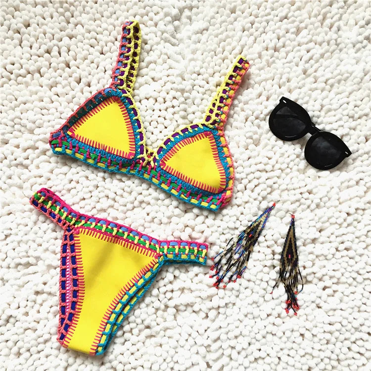 Valenzora | Gestrickter 2-teiliger Bikini-Badeanzug für Damen, Sommer Strandurlaub Bademode, Sexy Triangel-Cup V-Ausschnitt Träger Bademode