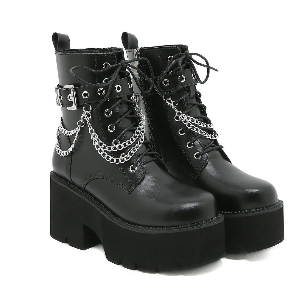 Valenzora | Women's Platform Shoes Black Gothic Buckle PU Leather Creeper Punk Shoes Female Black Ankle Boots Short Combat Boots for Women