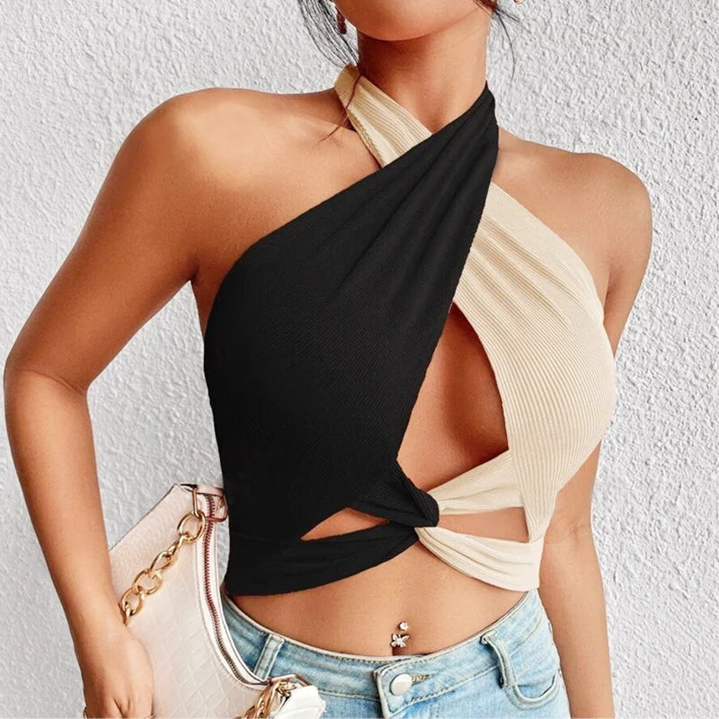 Valenzora | Damen-Sommer-Tanktops Sexy Patchwork Kreuz Halter Neck Träger Loch Crop Tops High Street Wear Neue Mode