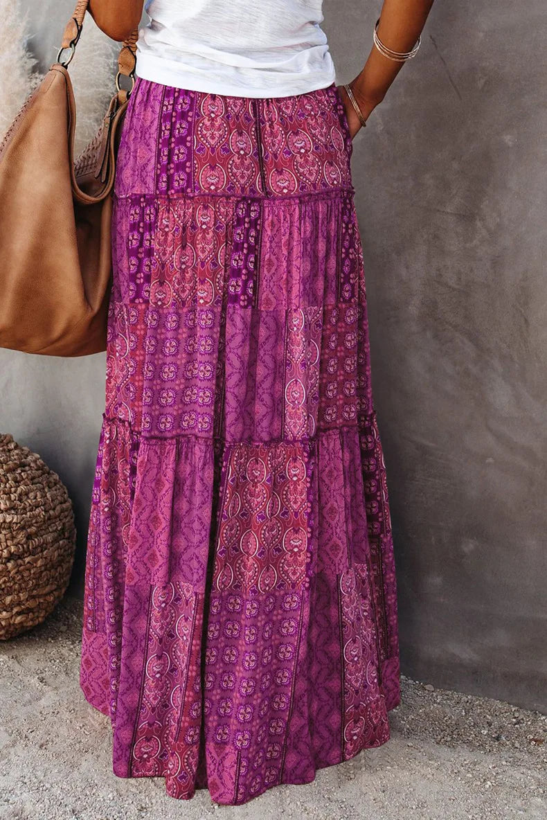 Valenzora | High-waisted long printed A-line skirt floral skirt