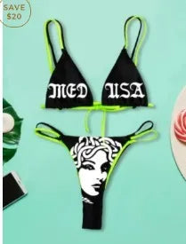 Valenzora | Sexy Goth Bikini Women's Letter Skull Print Swimsuit Split Swimsuit High Waist Gothic Bikini Set Beach Outfits