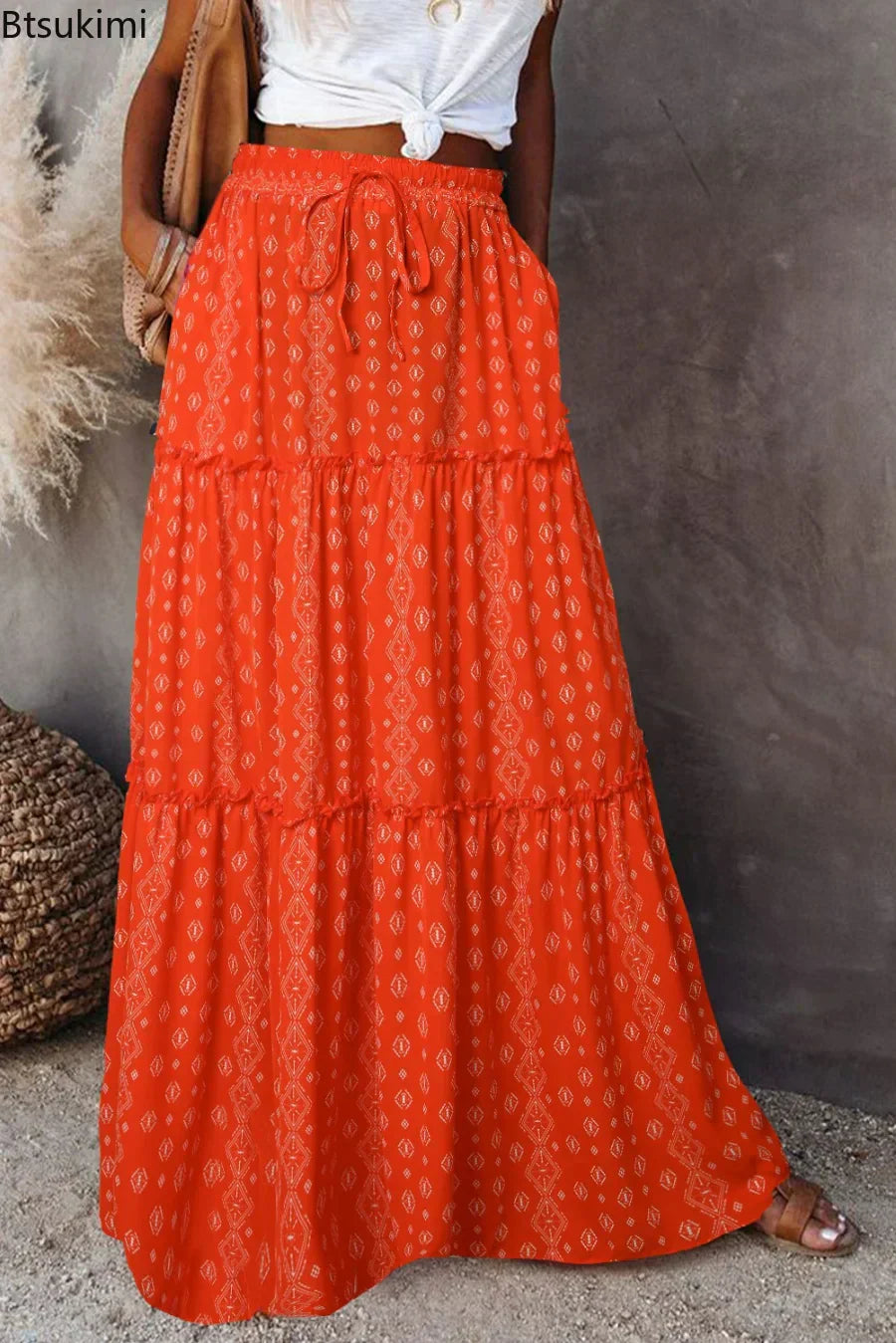 Valenzora | High-waisted long printed A-line skirt floral skirt