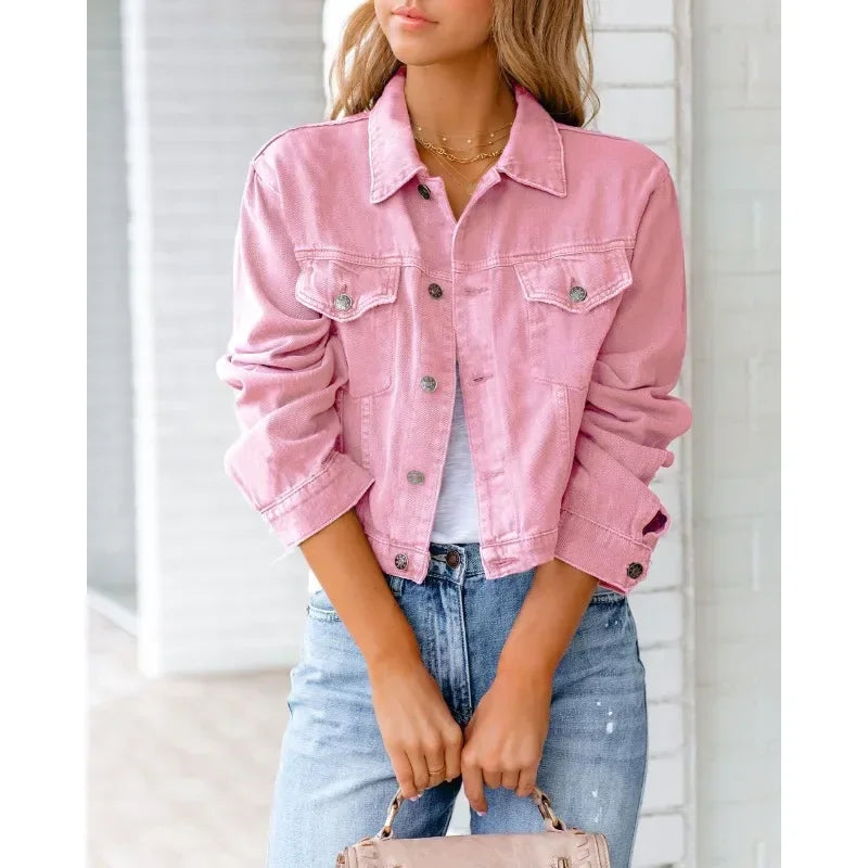 Valenzora | Short pocket jacket Fashion Streetwear Simple button trendy women's denim jackets Long sleeves Autumn New Denim Denim jackets