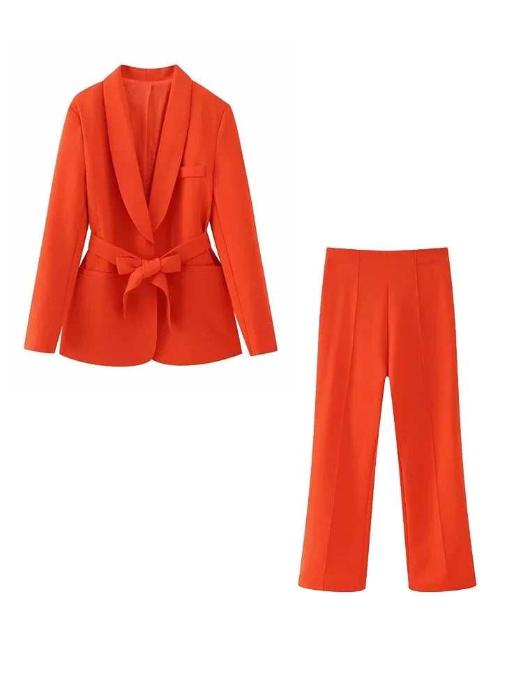 Valenzora | Damen Freizeit-Blazer, schicke Oberbekleidung, elegante Schlaghose, Langarm, V-Ausschnitt, Gürtel, Büro-Pendler-Anzugset