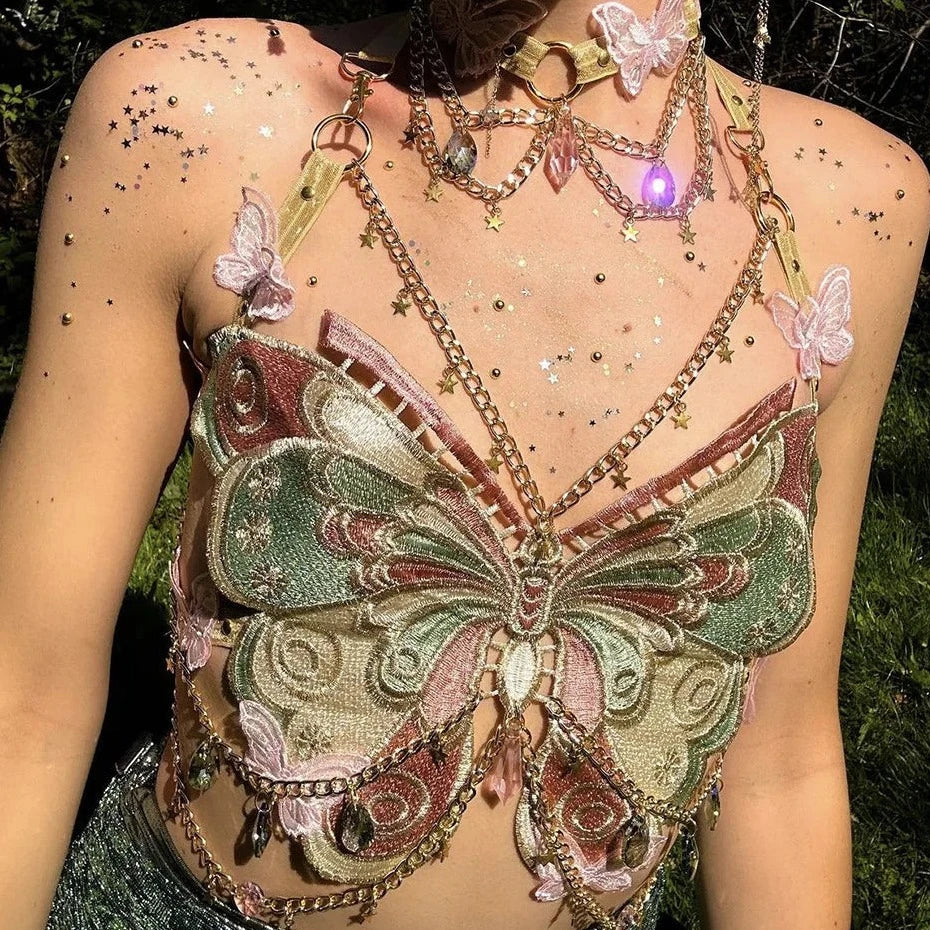 Valenzora | Besticktes Y2K-Schmetterlings-Crop-Top
