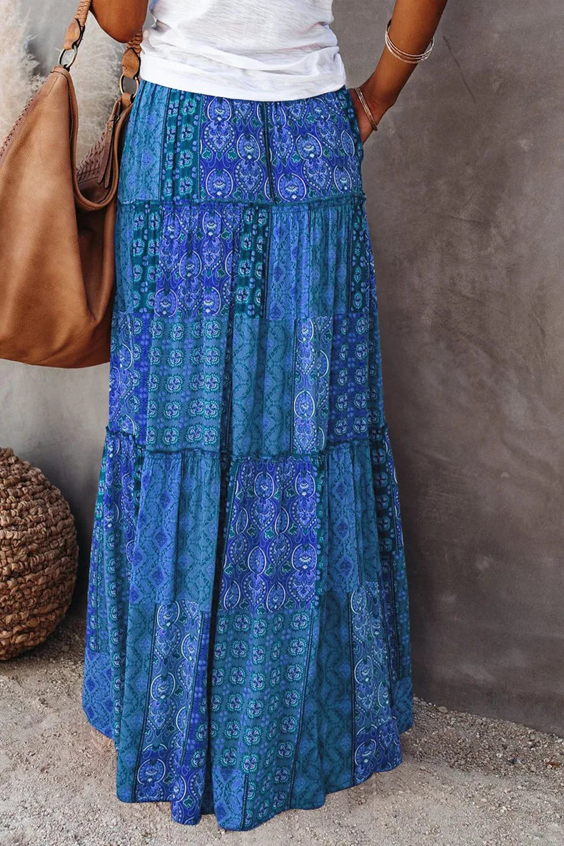 Valenzora | High-waisted long printed A-line skirt floral skirt