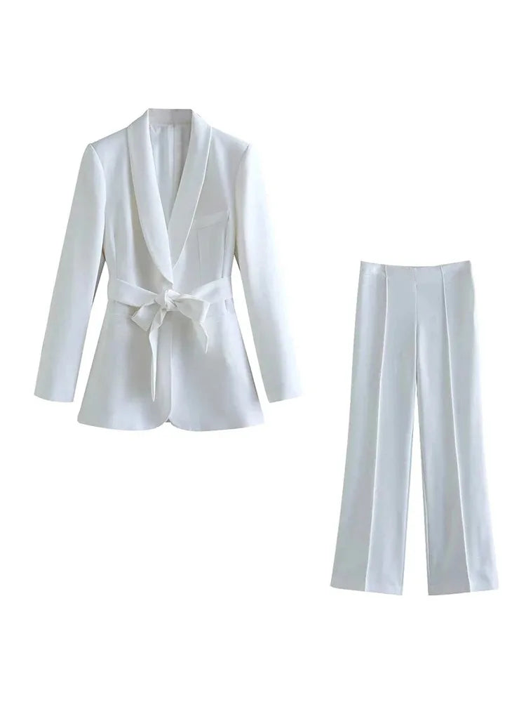 Valenzora | Damen Freizeit-Blazer, schicke Oberbekleidung, elegante Schlaghose, Langarm, V-Ausschnitt, Gürtel, Büro-Pendler-Anzugset