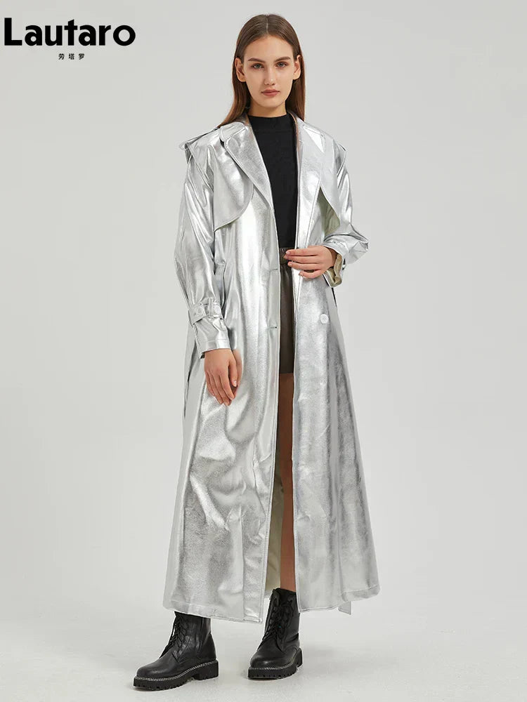 Valenzora | Lautaro Autumn Extra Long Gold Shiny Patent PU Leather Trench Coat for Women Simple Buckle Luxury Designer Overcoat