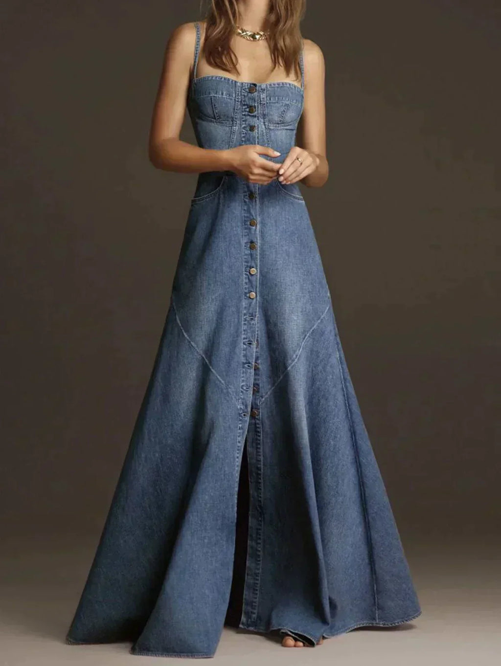 Valenzora | Vintage Denim Spaghetti Strap Dress with Square Collar