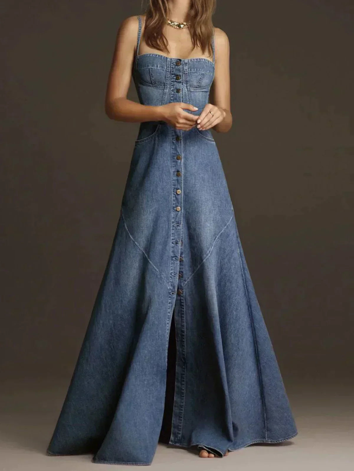 Valenzora | Vintage-Jeanskleid mit Spaghettiträgern und eckigem Ausschnitt