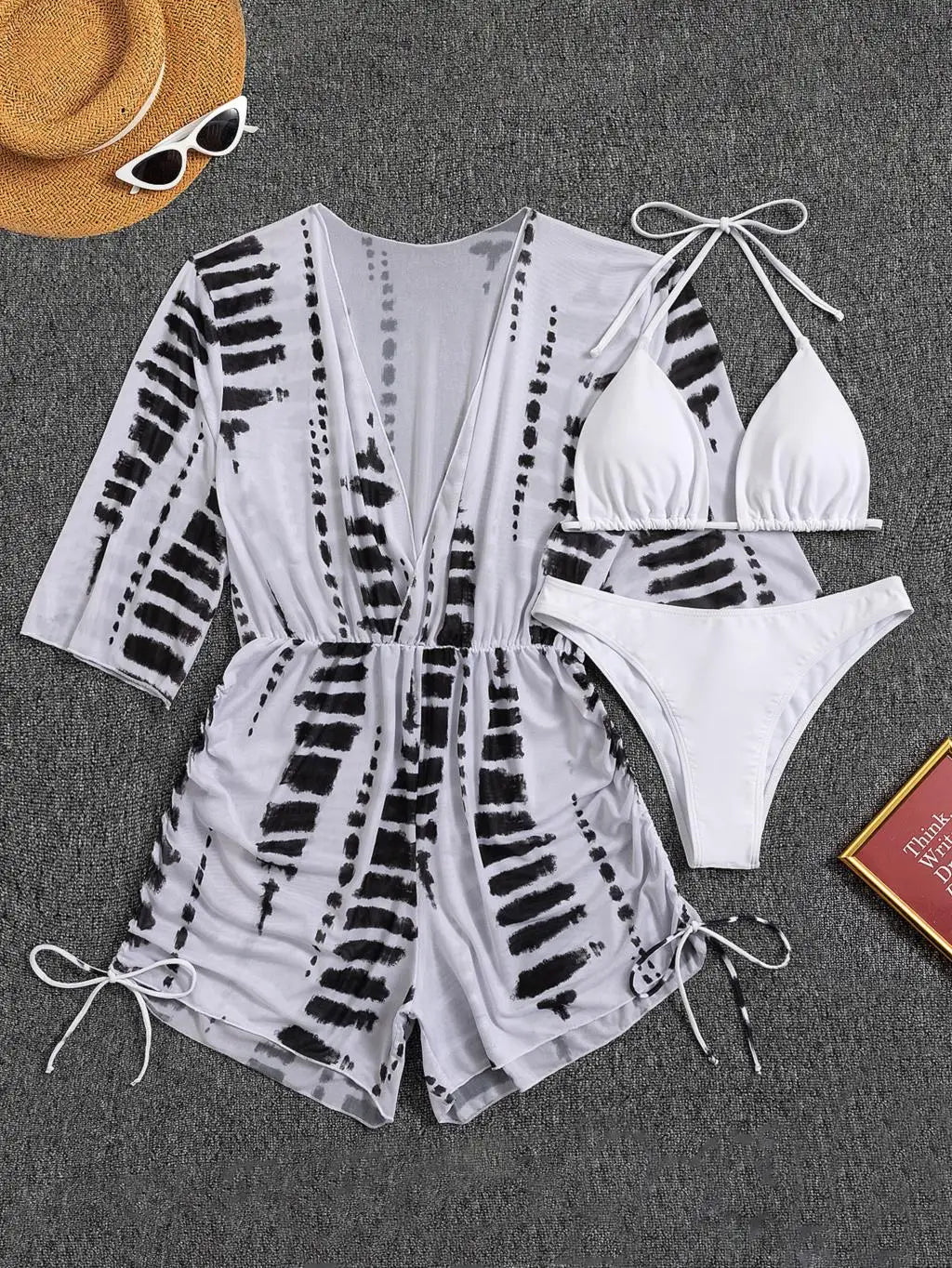 Valenzora | 3-teiliger Bikini mit tropischem Print, Neckholder, seitlicher Schnürung, Damen-Badeanzug, weibliche Bademode, Sommer-Strandbekleidung