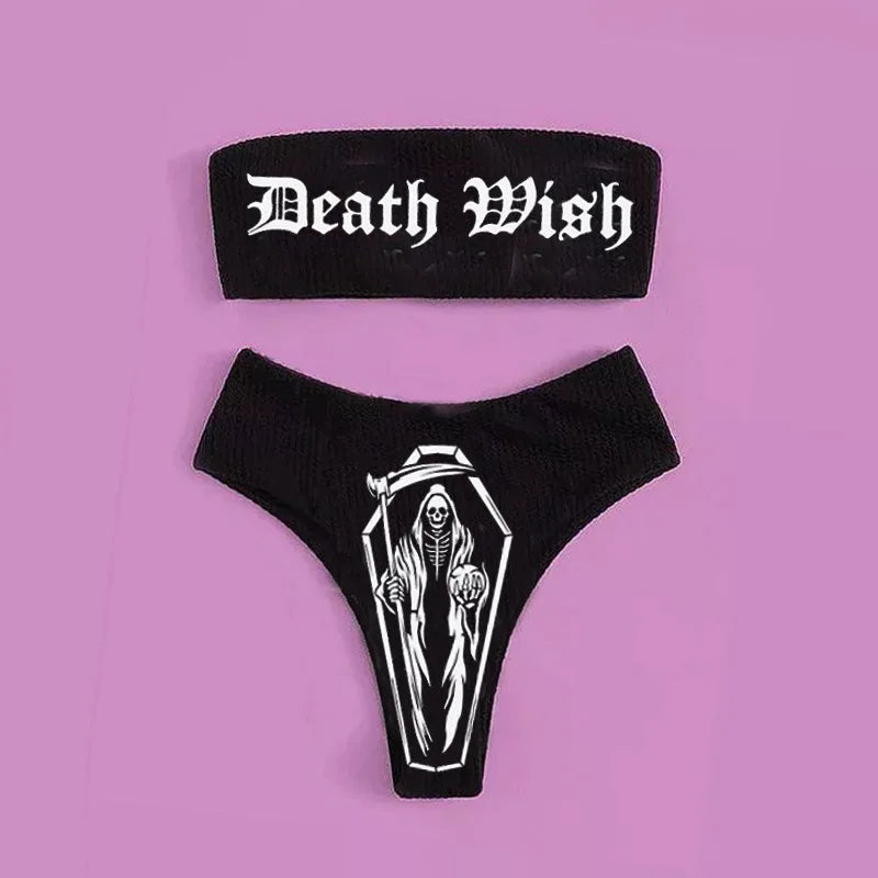Valenzora | Sexy Goth Bikini Women's Letter Skull Print Swimsuit Split Swimsuit High Waist Gothic Bikini Set Beach Outfits