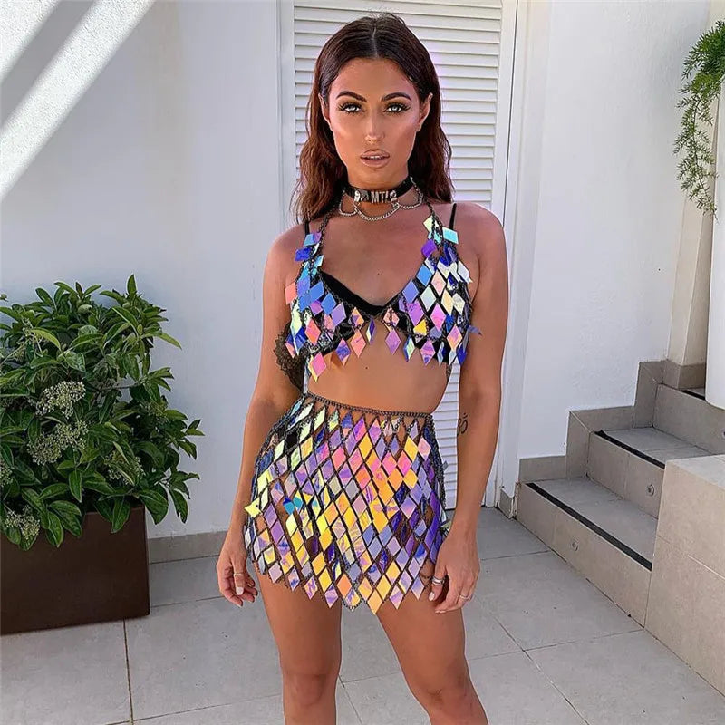 Valenzora | Statement-Pailletten-Patchwork-Crop-Top-und-Rock-Set (zweiteilig)