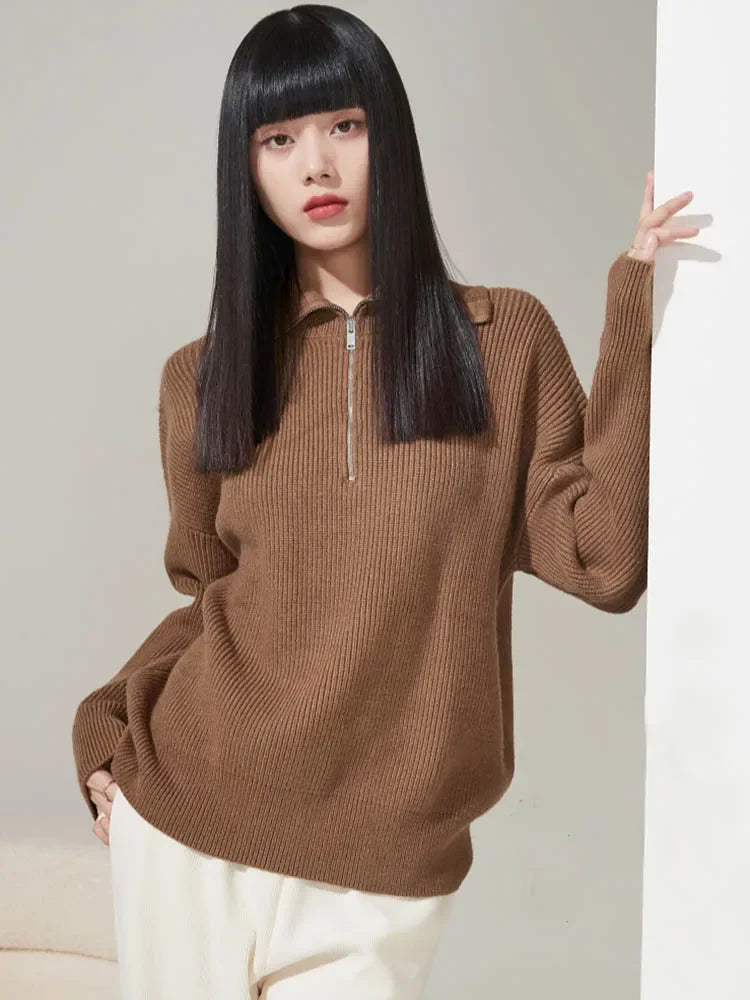 Striped turtleneck women's sweater with zipper