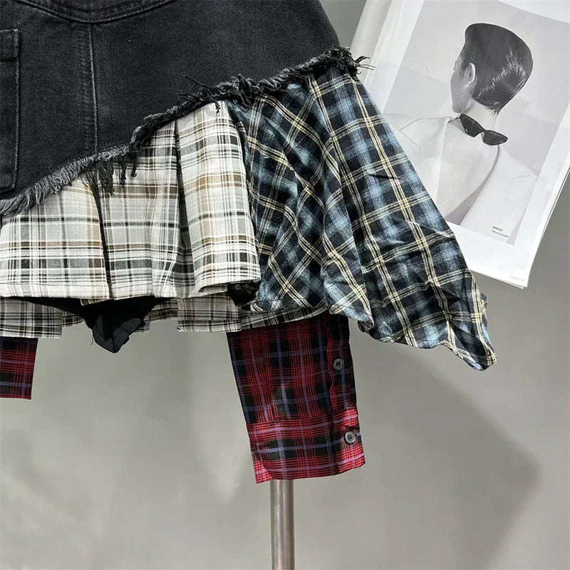 Valenzora | Vintage unregelmäßige Patchwork-karierte Jeans-Miniröcke für Damen, hohe Taille, Wickelrock, Minirock, Sommer Damen