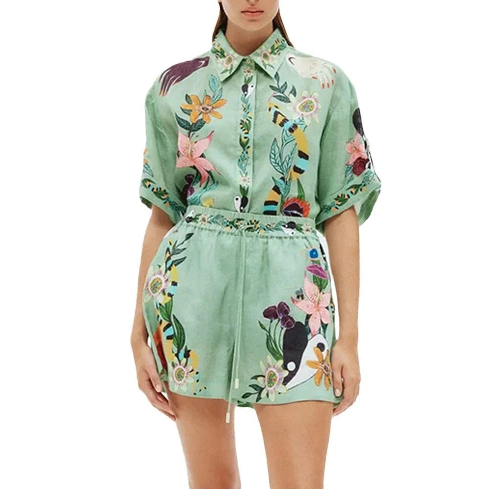Valenzora | Damen 2-teiliges Sommer-Set, neues Lounge-Urlaubs-Set, locker geschnittenes bedrucktes Kurzarm-T-Shirt mit Kragen und Knöpfen und Shorts-Set
