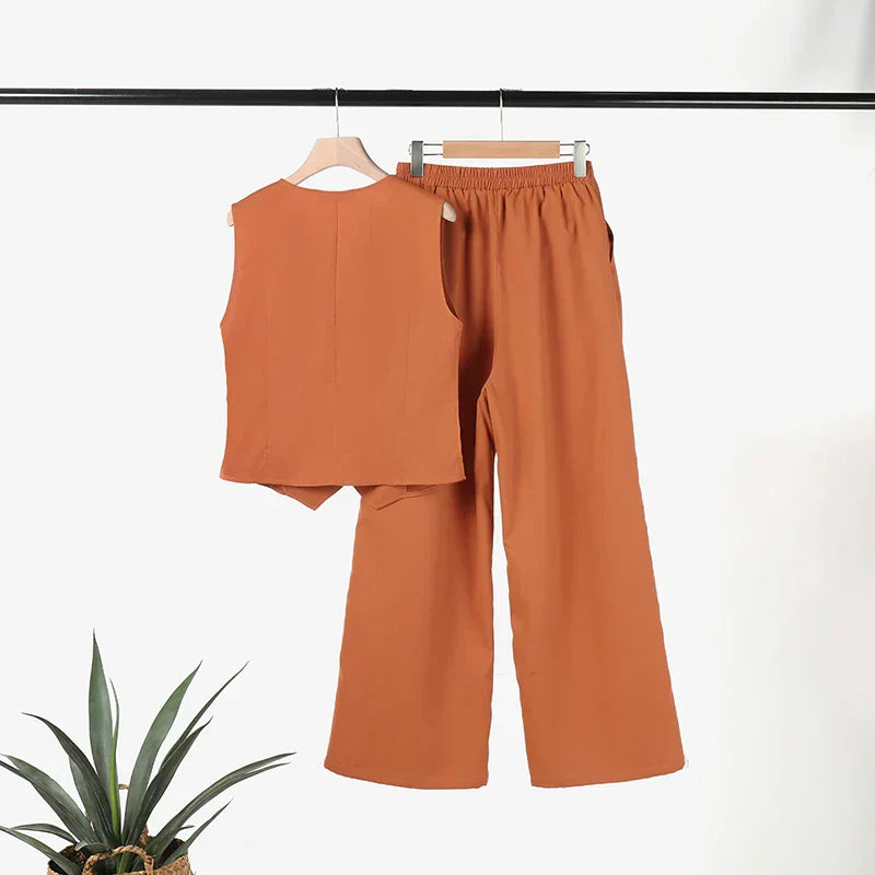 Valenzora Modern Set | Elegant sleeveless V-neck top and wide-leg trousers women's suit
