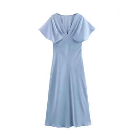 Women's elegant midi dress with puff sleeves and a figure-hugging cut, size S