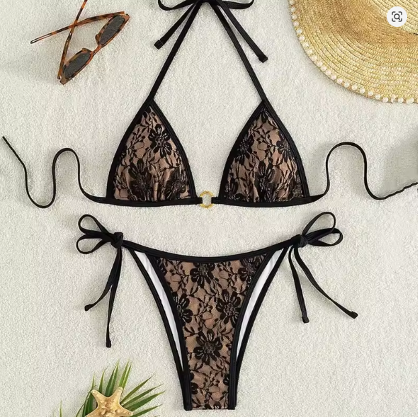 Valenzora | Lace patchwork V-neck bikini set
