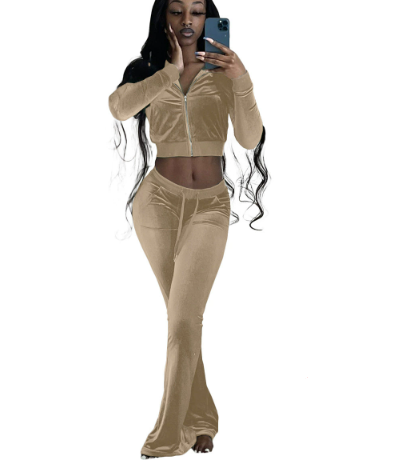 Women's velour tracksuit with zip front and wide-leg trousers, size