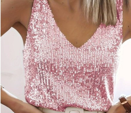 Valenzora | Women's Glitter Sequin V-Neck Sleeveless Shirt Top