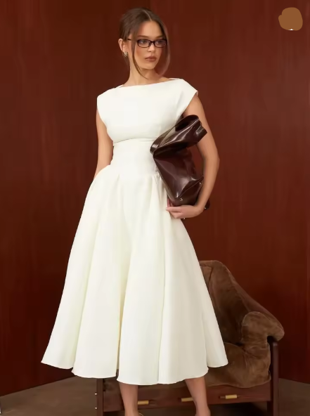 Women's A-line dress with elegant bustier top and swing skirt, size