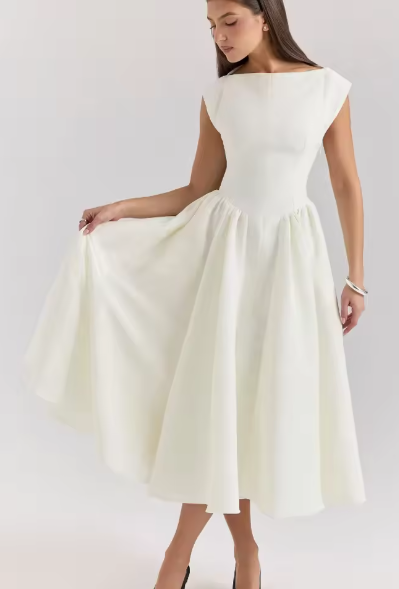 Women's A-line dress with elegant bustier top and swing skirt, size