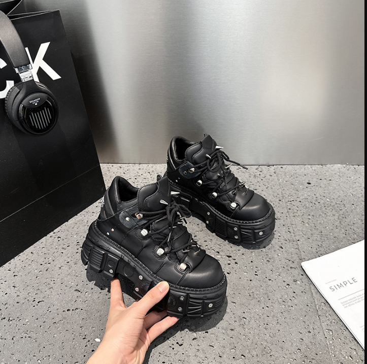 Valenzora | Fashion Women's Ankle Boots, Thin Heels, Round Toe, Lace-Ups, Metal Decoration, Sneakers, Studded, Punk, Gothic, Rock Shoes