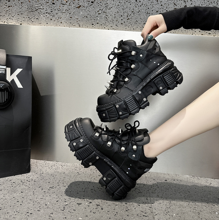Valenzora | Fashion Women's Ankle Boots, Thin Heels, Round Toe, Lace-Ups, Metal Decoration, Sneakers, Studded, Punk, Gothic, Rock Shoes