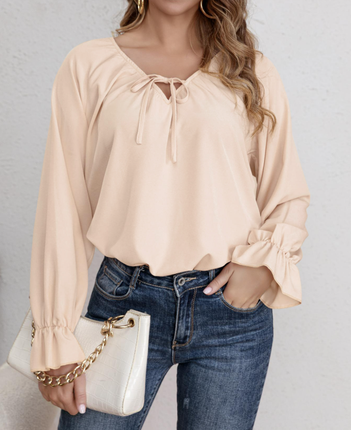 Women's blouse shirt with fashionable ruffle details and adjustable drawstring, size [size]