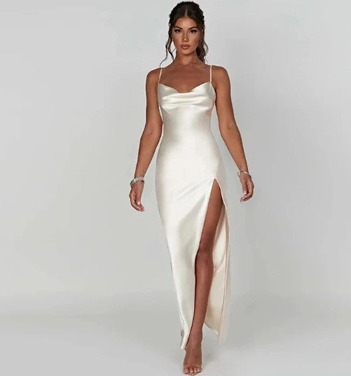 Valenzora | Weißes Satin-Maxikleid mit Spaghettiträgern