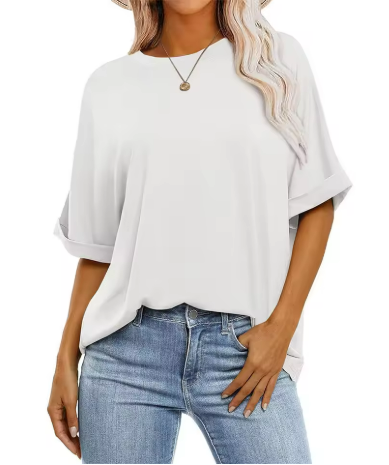 Damen-Oversize-T-Shirt aus strukturierter Baumwolle mit Krempelärmeln, Größe