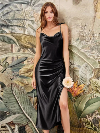 Valenzora | Sage Green Satin Cow Neck Strap Maxi Dress
