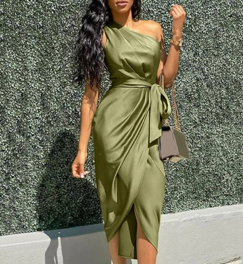 Valenzora | One Shoulder Midi Dress Asymmetrical Fit Waist Knot Detail Elegant Draped Skirt